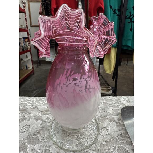 Vintage Pink and White Hand Blown Murano Style Glass Vase 8.75" Tall Coquette - Picture 4 of 6